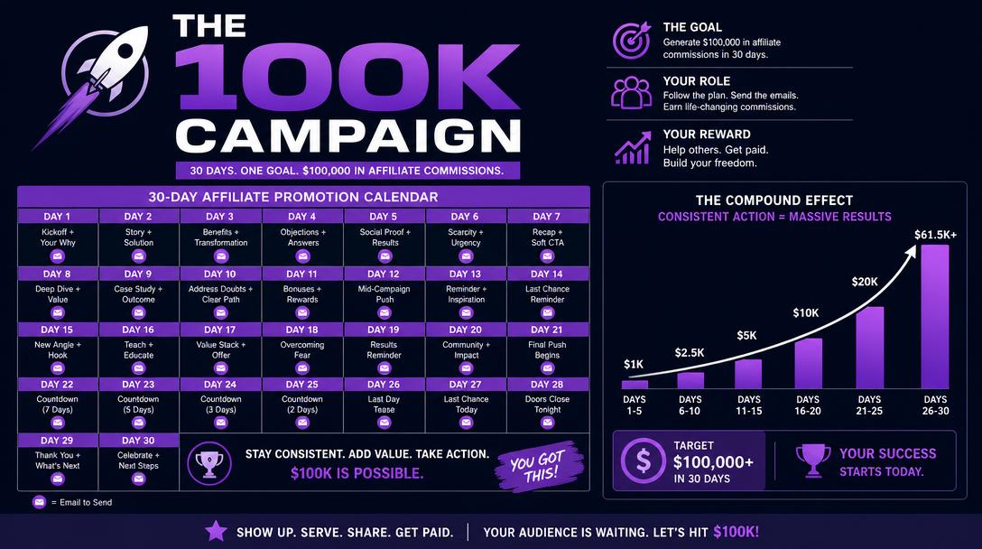 The 100K Campaign founding bonus - day by day affiliate promotion plan included with Commission Cycle 2026